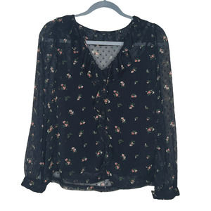 All Saints Black Floral Sheer Long Sleeve Top Ruffle Trim Size 0